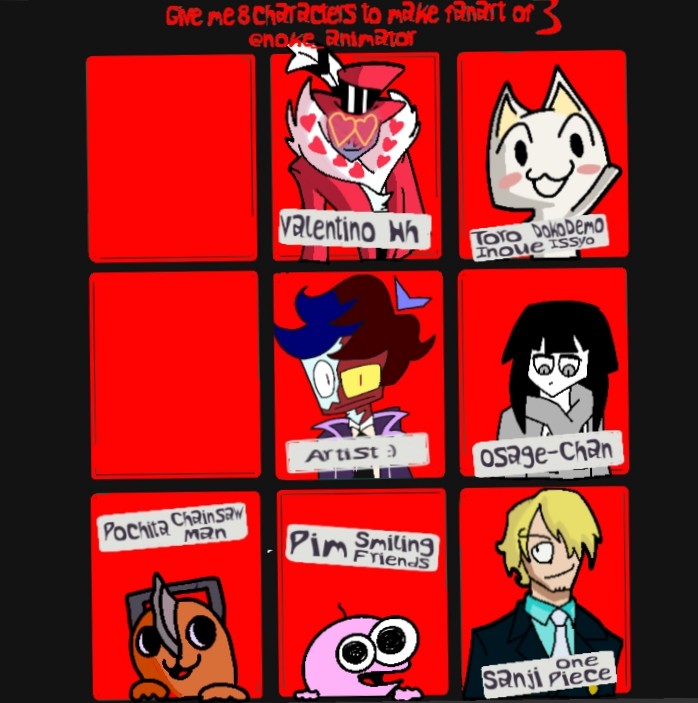 Quinto personaje: Pochita, de Chainsaw Man
Personaje sugerido por <a href="/gailine846/">₊⊹ .Gail^᪲᪲᪲.°˚⊹</a>
Espero que os guste!!
HE REVIVIDO GENTE POR FIN (os debo una disculpa jeje)