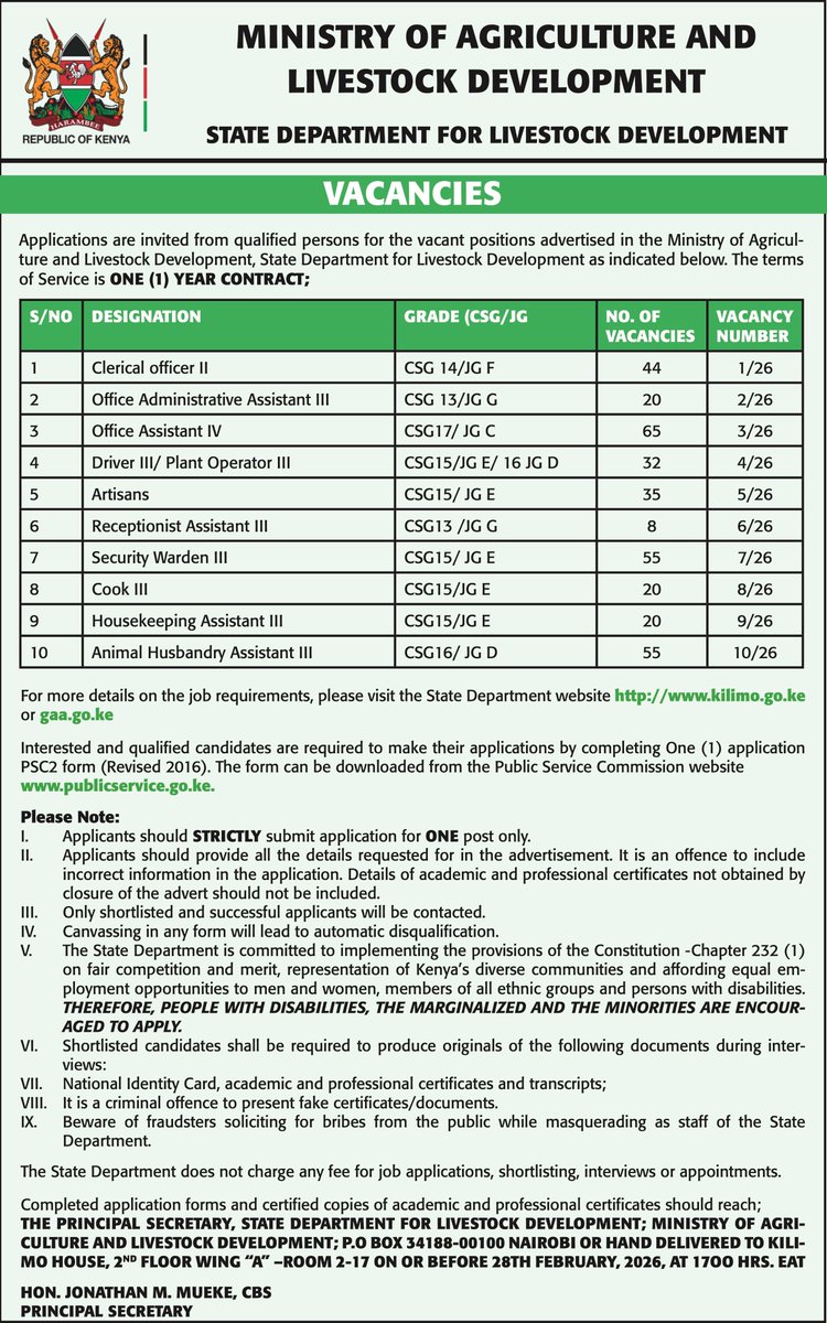 MyGovKe's tweet image. The Ministry of Agriculture and Livestock Development, State Department for Livestock Development invites applications for (354) various vacant positions

Details on the job requirements, please visit  kilimo.go.ke or gaa.go.ke

Deadline:February 28, 2026