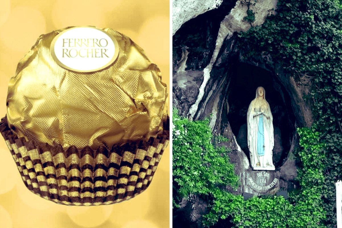 RosaryMum's tweet photo. Did you know Ferrero Rocher is a tribute to the Virgin Mary? 🍫✨

Founder Michele Ferrero named the chocolate after the Rocher de Massabielle, the rock grotto in Lourdes where Mary appeared to St. Bernadette. 

Even the bumpy gold foil mimics the grotto's craggy walls.

As Ferrero said: “The success of Ferrero we owe to Our Lady of Lourdes; without her we can do little.”