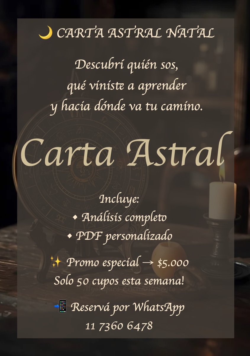 🌙✨ CARTA ASTRAL NATAL

Descubrí quién sos, tus talentos y hacia dónde va tu camino.

Incluye:
• análisis completo
• PDF personalizado
• explicación clara

Promo lanzamiento → $5.000
Solo 50 cupos

📲 Escribime por WhatsApp
11 7360 6478