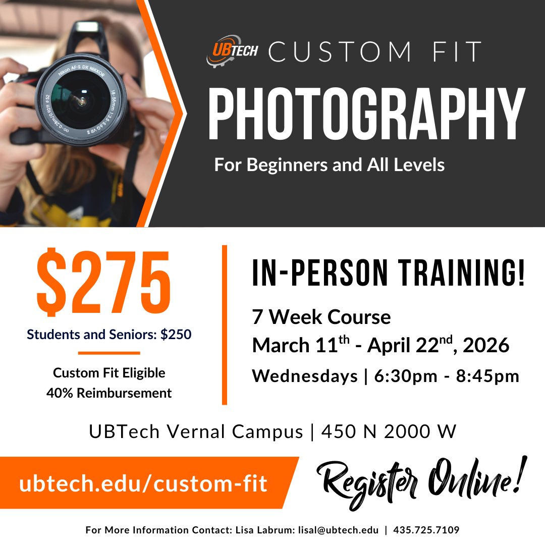 UBTechTitans's tweet image. Smile for the camera! 📸
#UBTech Custom Fit is offering a Photography course for all skill levels beginning in March. Follow the link below to register or learn more ⚙️⬆️
👉loom.ly/hd9L15M
#Utah #TheBasin #CustomFit #Photography #Community #GearsUp #GoTitans