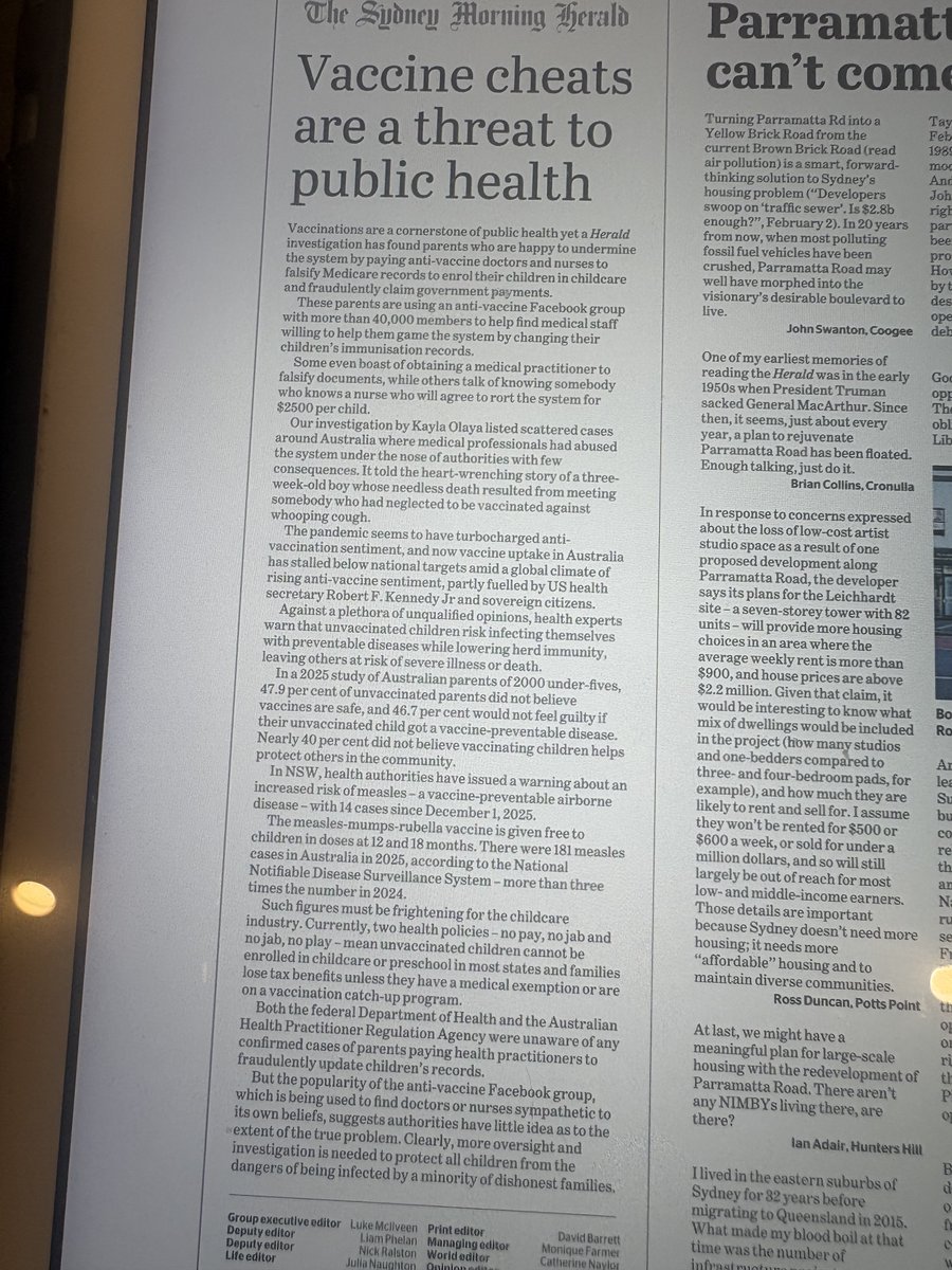 QuentinDempster's tweet image. Investigative reporter Kayla Olaya SMH-Age exposes Facebook anti-vax group  where parents find/pay ($2500) medicos willing to falsify their children’s immunisation records. Vaccine uptake has stalled below herd immunity targets. Mis/disinformation a danger to our public health.