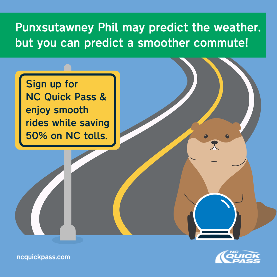 NC_QuickPass's tweet image. Punxsutawney Phil predicts the weather, but you can predict a faster commute! 🔮 

Sign up for #NCQuickPass today and make your drives smooth &amp;amp; stress-free: ncquickpass.com/open-account.

#GroundhogDay #DriveSmart #TollSavings #NorthCarolina
