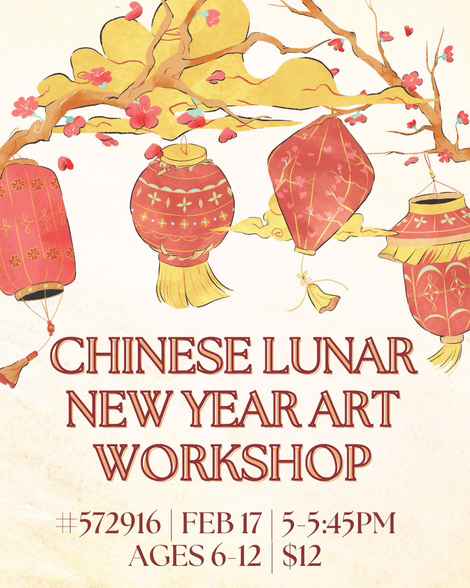 Our next art workshop is celebrating the Chinese Lunar New Year on Tuesday, February 17th from 5pm - 5:45pm 🏮 

Open to ages 6 - 12, each artist will work on a guided craft project that they can take home with them.

Register here: bit.ly/4rrW37g