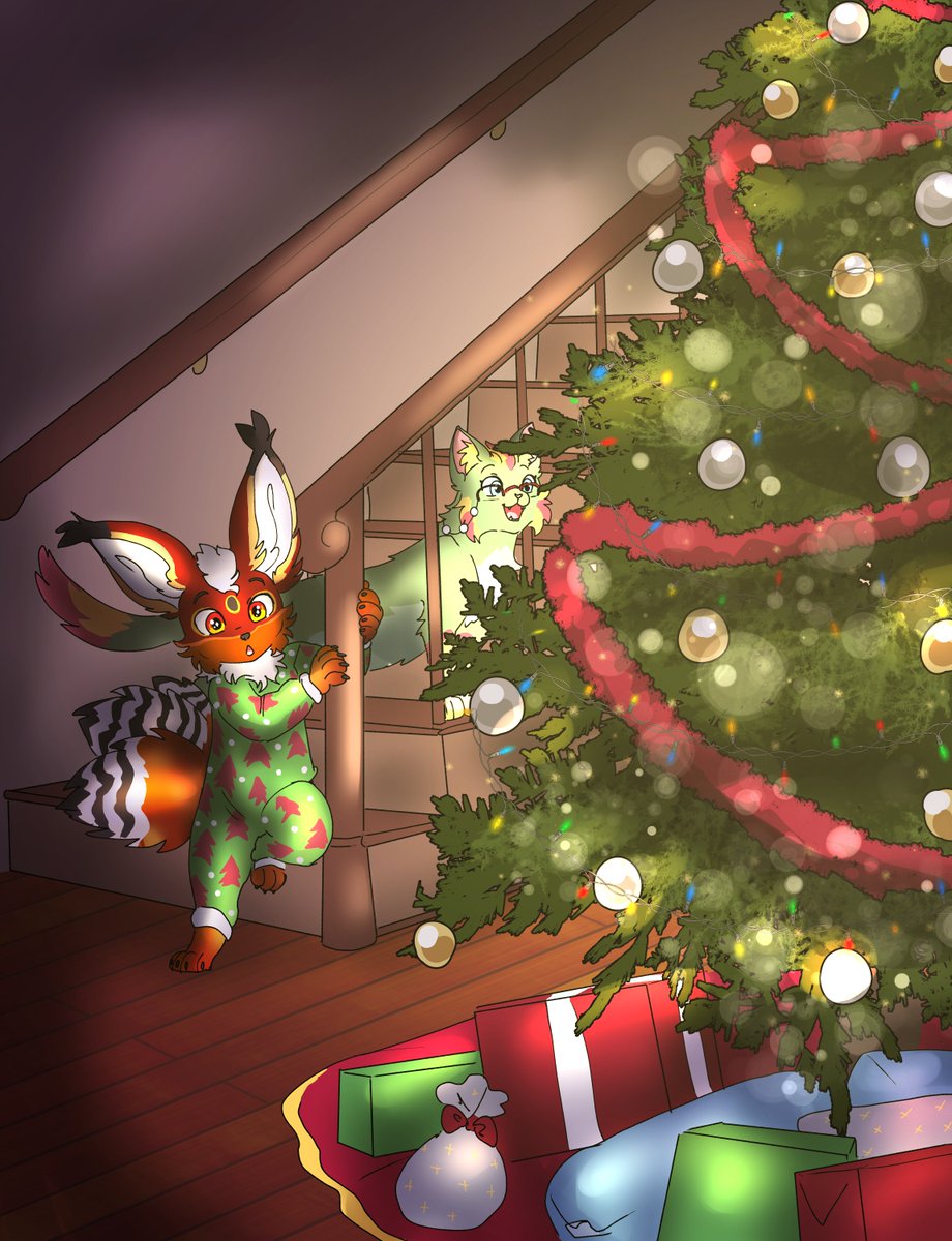 And with a Christmas tree all nice and shiny. It's time for presents! With a little kitty-ketz cameo hoping for some treats under it