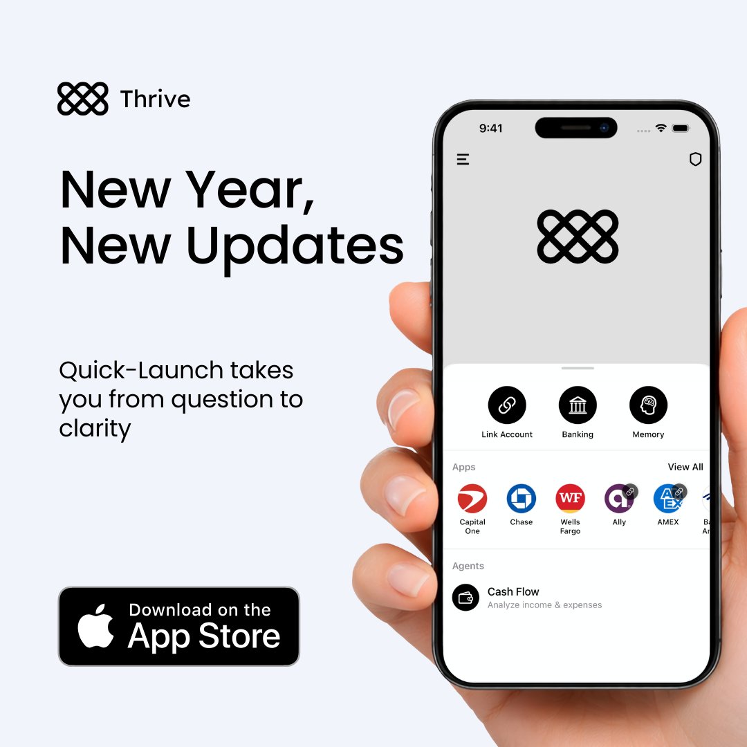rwhtech's tweet photo. Thrive 1.8 is now available on the App Store.

What’s new:
• Dedicated Banking Apps
• Faster navigation with Quick Launch
• Memory across conversations
Personal financial intelligence.

https://t.co/PPGrvC1xSx

#ThriveAI #FinTech #iOS #ProductLaunch https://t.co/USZUYeGFqj