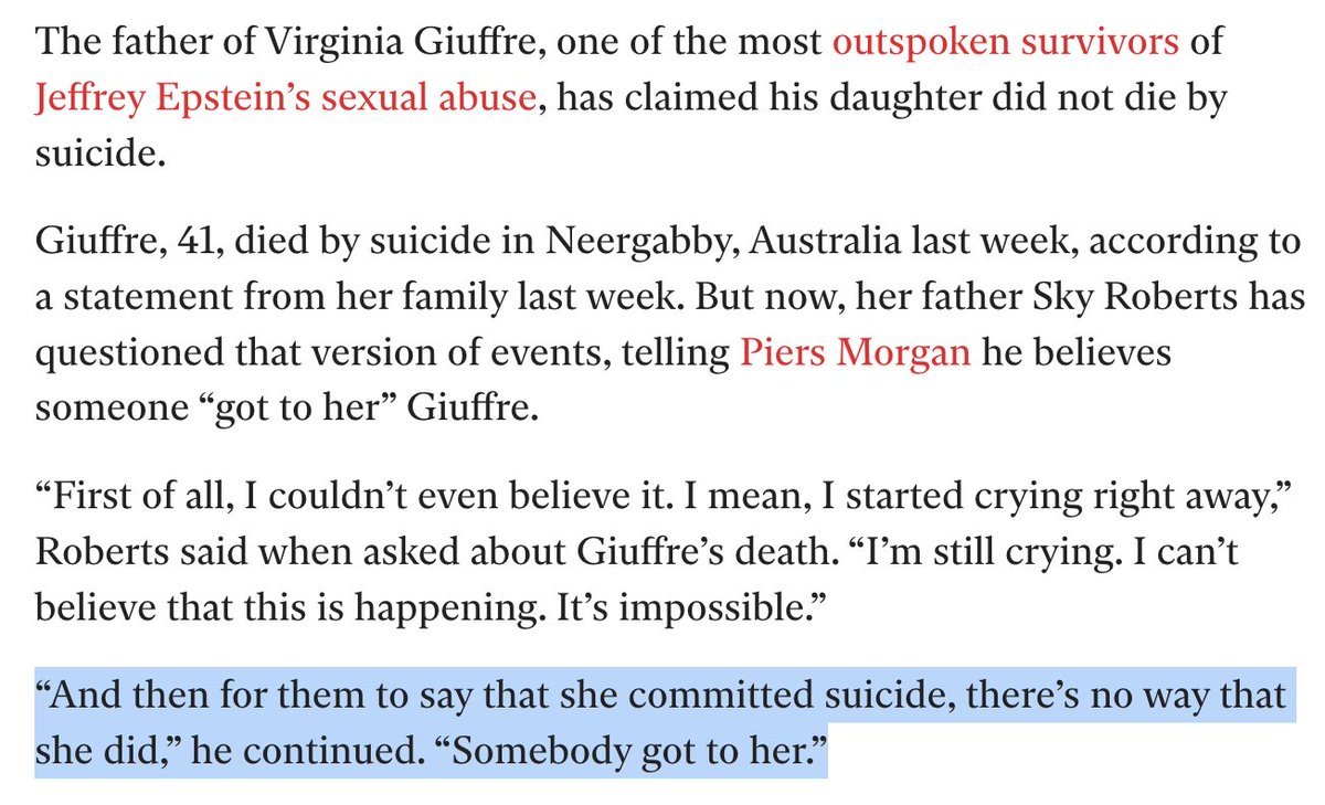 "Why do Epstein victims not speak out more about who raped them?"

Virginia Guiffre was the most outspoken victim.

She mysteriously died by suicide just as the Epstein Files reentered public discourse. 

Her dad maintains she was murdered.