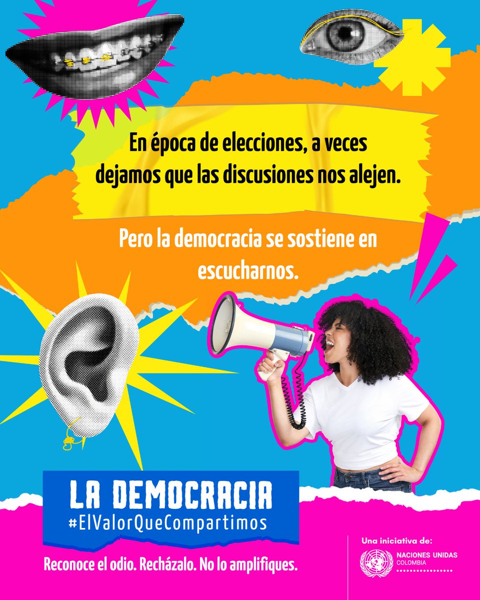 onucolombia's tweet image. Las discusiones electorales pueden dividirnos, pero también pueden acercarnos si empezamos por escucharnos.

Si quieres más diálogo y menos odio, comparte este mensaje.

Reconoce el odio. Recházalo. No lo amplifiques.

La Democracia, #ElValorQueCompartimos
