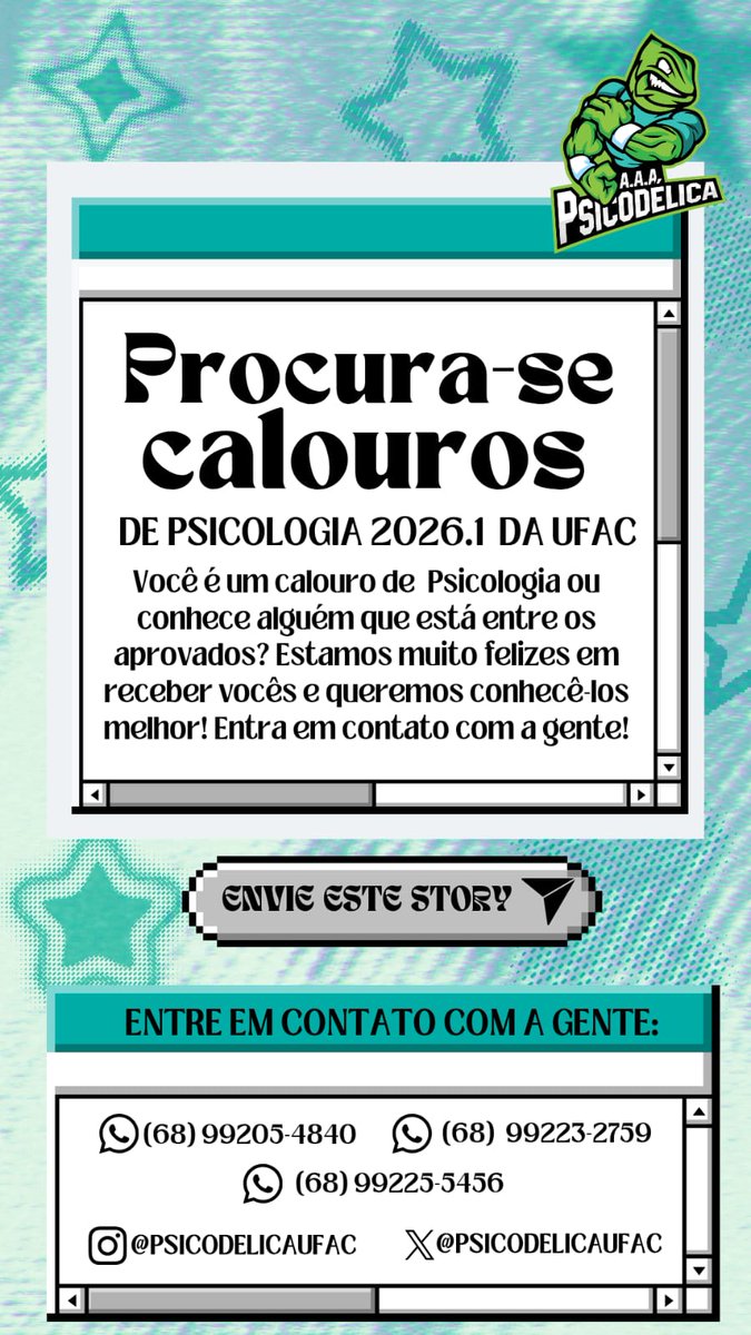 psicodelicaufac's tweet photo. ALÔ, ALÔ CALANGUINHOS! BABY CALANGOS E NOSSOS CALOUROS! ✨️✨️
Psicodélica procura por todos os calouros do curso de PSICOLOGIA UFAC! URGENTEMENTE! 🦎🦎🦎 Entre em contato conosco pela dm ou pelo insta! Aguardamos vocês!
#psicologia #ufac #psicologiaufac https://t.co/O09Zh2uyTB