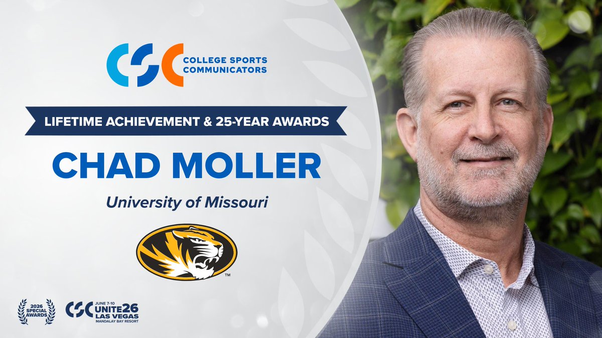 CollSportsComm's tweet photo. As we wrap up our first week of 2026 Special Awards salutes, we’re taking a moment to celebrate Lifetime Achievement and 25-Year Award recipient Chad Moller (@ChadMo1) of the University of Missouri (@Mizzou / @MizzouAthletics)!

“I’m incredibly grateful and truly humbled to be recognized by College Sports Communicators — an organization I was a proud member of my entire career. My 27 years in college athletics were deeply fulfilling, not because of accolades, but because of the people who made such an impact in my life, and their stories we were entrusted to tell. Communicators are the unsung heroes of athletic departments, in my opinion — asked to do it all, often behind the scenes, with professionalism, creativity, and heart. It was an honor to be part of a community that serves athletes, coaches, and institutions with such passion and purpose. I'm very pleased to share this recognition with so many outstanding colleagues and congratulate all of this year's award winners.”

Read the full feature: https://t.co/1KPnGzkWBG

@NCAA @SEC