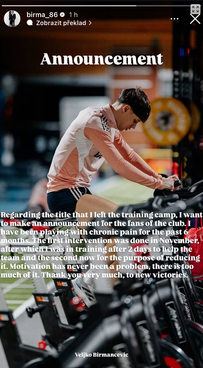 🗣🔵 Birmancevic subió esto el 23 de enero sobre su lesión. Abandonó la pretemporada del Sparta: "Llevo 6 meses jugando con dolores crónicos. La 1ª operación fue en noviembre, después estuve entrenando con el equipo. La segunda, realizada ahora, ha sido para reducir el dolor".