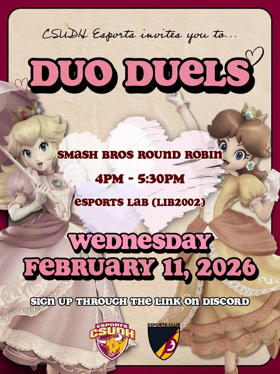 EsportsCSUDH's tweet image. Ready to test you &amp;amp; your duo's skills?! 😈
Join us for DUO DUELS on Wednesday, February 11, we will be hosting a Smash Bros Round Robin style tournament!
Sign you &amp;amp; your duo up through the link in our Discord ASAP to secure a spot!
See you there 😛
#esports #csudh #csudhesports