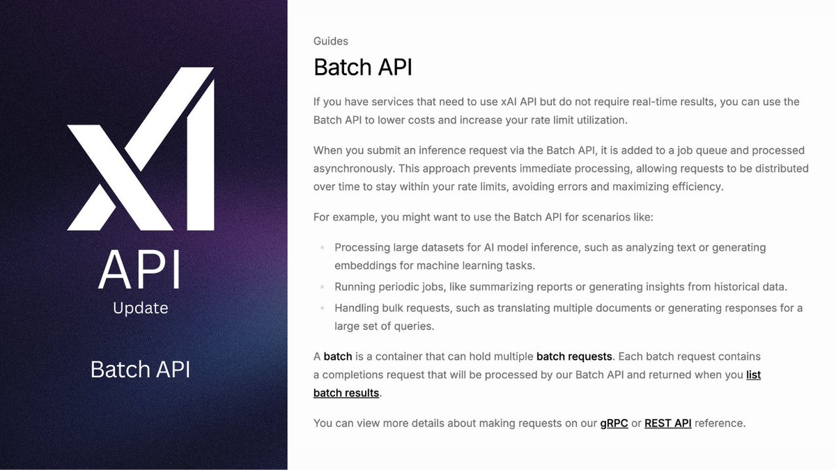 XFreeze's tweet image. xAI just rolled out a Batch API for Grok

You can now send huge volumes of requests asynchronously with higher rate limits and lower cost

It’s ideal for:
•   Nightly report generation and summaries
•   Bulk document translation
•   Embeddings at scale
•   Large-scale Q&amp;amp;A and