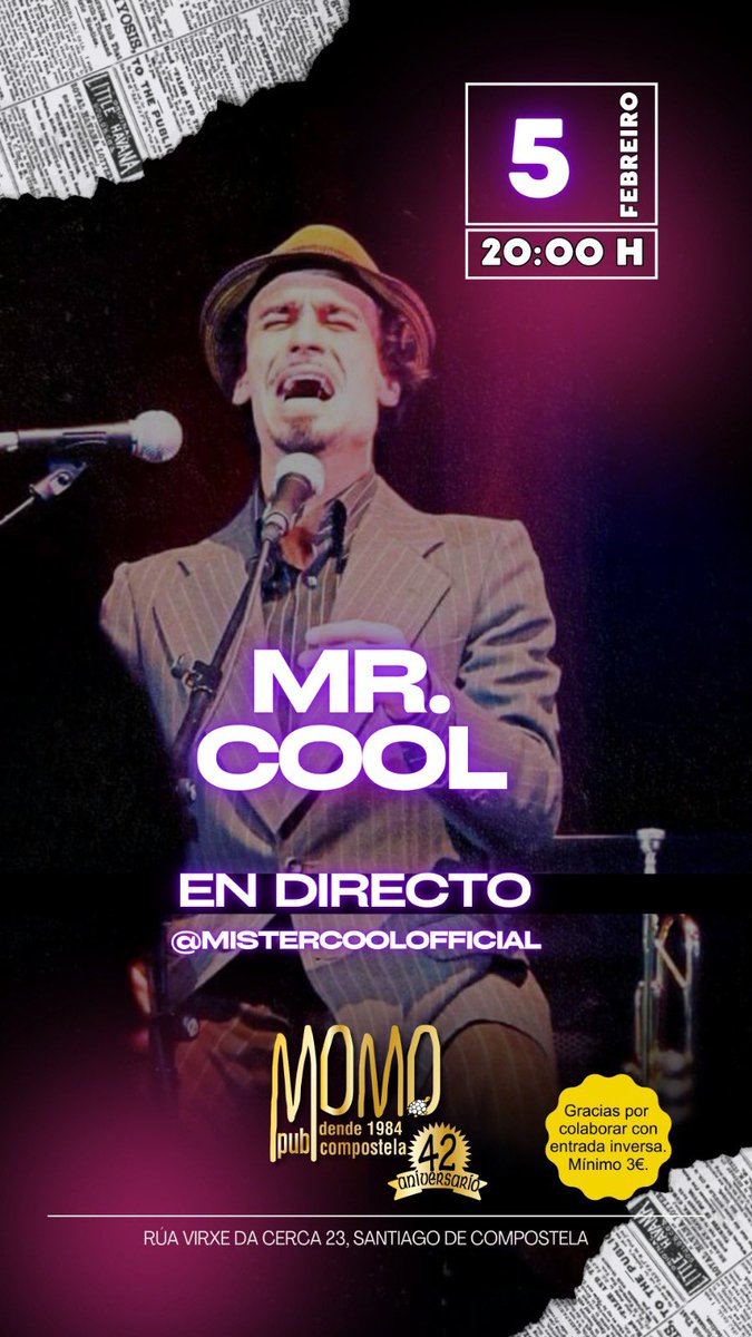 Mr Cool en directo o 5 de febreiro no Momo. 

#santiagodecompostela 
#musicaenvivo 
#musicaendirecto