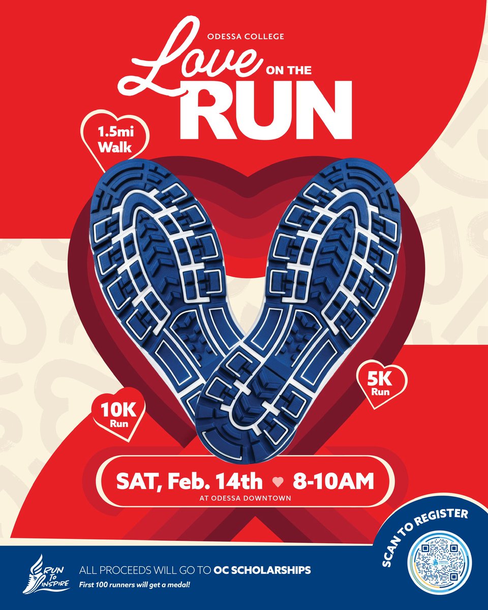 ❤️🏃‍♀️ Join us for <a href="/OdessaCollege/">Odessa College</a>’s Love on the Run, Sat, Feb. 14, 8–10A, through downtown Odessa, beginning at the OC Downtown campus. Proceeds benefiting OC scholarships.

Bonus: the first 100 runners earn a medal!

Scan to register or visit odessa.dserec.com/online/eventsr… and let’s run!