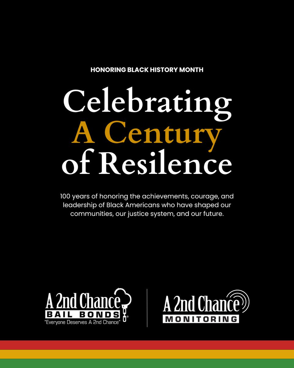 100 years of honoring Black achievement, resilience, and the push for a more just world.

At A 2nd Chance, we believe everyone deserves a second chance. This month and every month. 💙

#BlackHistoryMonth #SecondChances #CommunityMatters #Justice #A2ndChanceBailBonds
