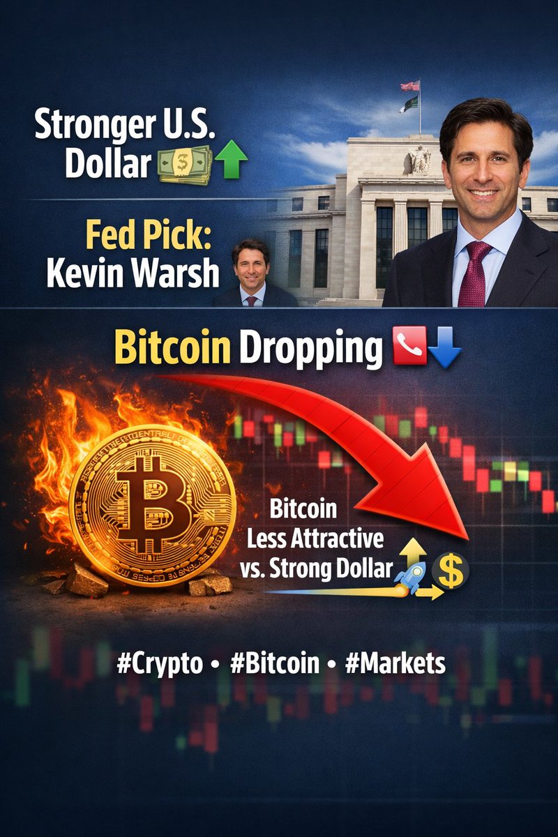 DefinixApp's tweet photo. MARKET UPDATE

Crypto is down today because the U.S. dollar got stronger. 📉💵

After Trump picked Kevin Warsh to lead the Fed, investors felt more confident about the central bank, which boosted the dollar.

When the dollar rises, Bitcoin often looks less attractive as an "alternative currency," so prices drop. 🚀➡️⬇️

#Crypto #Bitcoin #Markets #CryptoMarket #CryptoNews