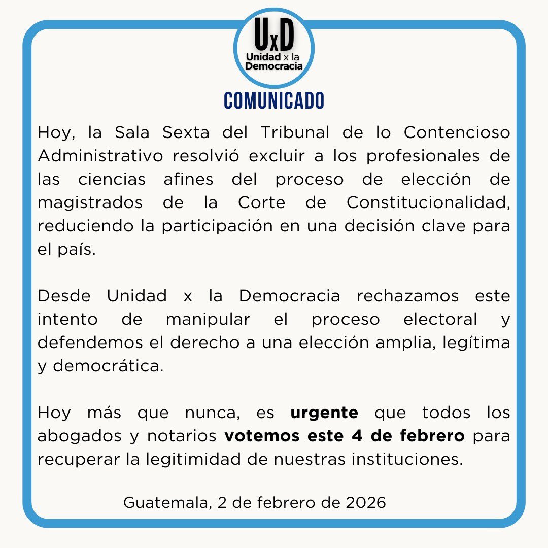 UxD_GT's tweet photo. 🚨 URGENTE 

Mediante un amparo se concreta un intento por manipular la elección y reducir la participación.

Hoy más que nunca, es indispensable que todos los abogados y notarios salgamos a votar este 4 de febrero para recuperar la legitimidad de nuestras instituciones. https://t.co/eS8TwKq0kt