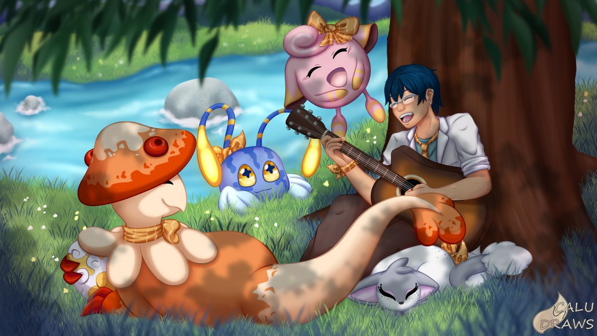 Calu_draws's tweet photo. me actually doing a fully rendered drawing?? less likely than you think 🙃

yes I finally finished the illustration for my newest OC Keiya and his  full Pokemon team! I really want to do these drawings for more of my OCs  one day 💜

#PokemonOC https://t.co/zkqggTrfYS