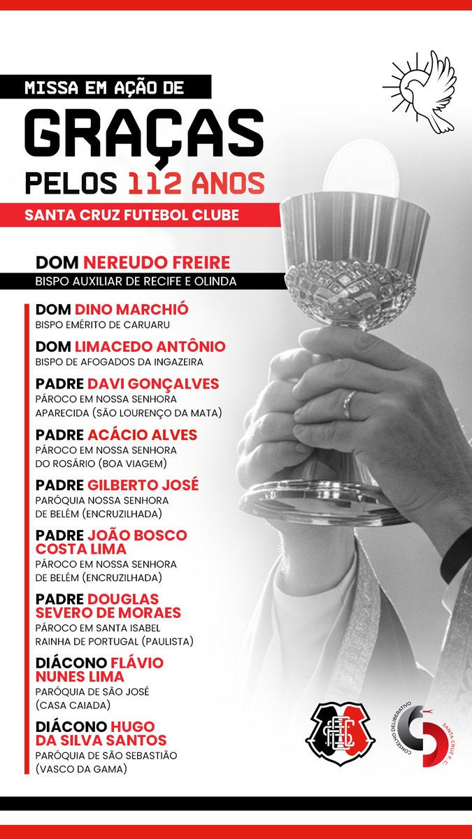 CD_SantaCruzFC's tweet image. O Conselho Deliberativo agradece a todos os religiosos confirmados na Missa de Ação de Graças pelo 112º aniversário do Santa Cruz Futebol Clube. 

🙏🏾⚫⚪🔴