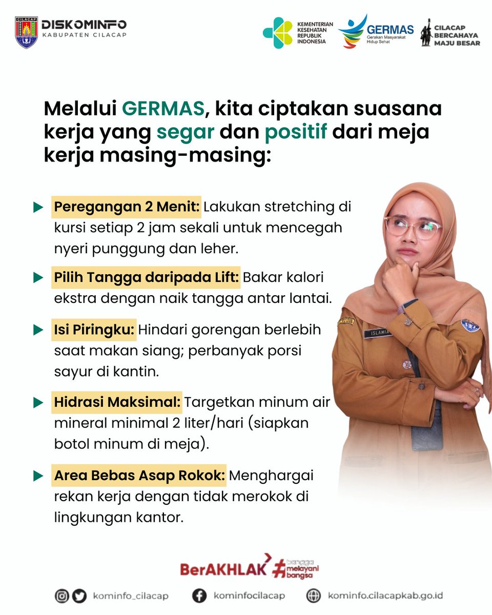 Halo dulur Kominfo 👋!
Kerja produktif harus diimbangi tubuh yang tetap aktif dan sehat 💪
Di tengah kesibukan kantor, yuk biasakan hidup sehat lewat GerMas

#HaloDulurKominfo #Germas #KerjaSehat #TubuhAktif #ProduktifBersama