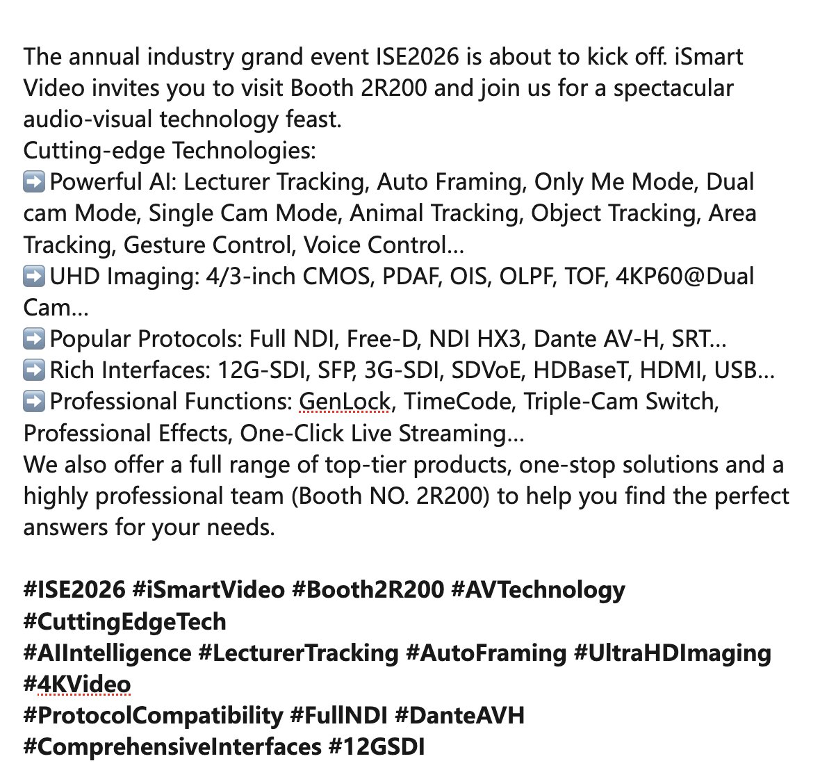 VideoIsmart's tweet photo. The annual industry grand event ISE2026 is about to kick off. iSmart Video invites you to visit Booth 2R200 and join us for a spectacular audio-visual technology feast. https://t.co/dbjCOlUHCH