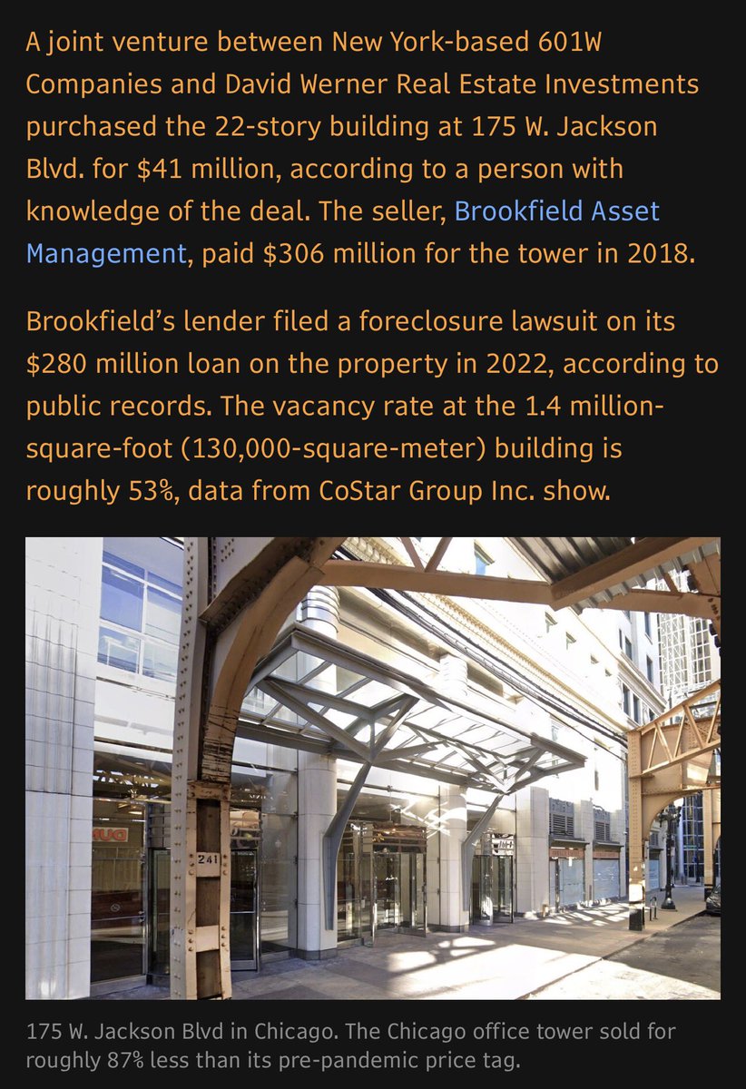 175 W Jackson sold for 87% discount to 2018 price. Good to see transactions, and I think buyers will do well from the reset in pricing. But more transactions like this will accelerate the ongoing reset in fair market values for tax assessments. Shifts burden to residential.