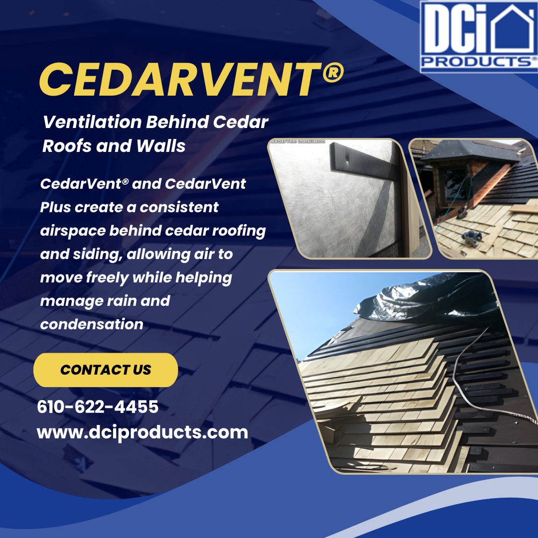 dciproducts's tweet image. Cedar needs airflow behind it to dry properly. Without ventilation, moisture can become trapped and lead to staining, wear, or decay over time.
👉 Learn more about CedarVent at dciproducts.com or call  610-622-4455

#DCIProducts #CedarVent #CedarRoofing #CedarSiding