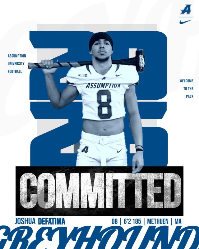 JDeFatima_'s tweet photo. After a great visit at @AssumptionFB I am beyond excited to announce my commitment to pursue my athletic career at the next level. 110% COMMITTED‼️
@CoachMcKenzie17 @CoachDC22 @danwilliamsfb @PactPerformance @DuganMethuen https://t.co/z5ERjjK5b6