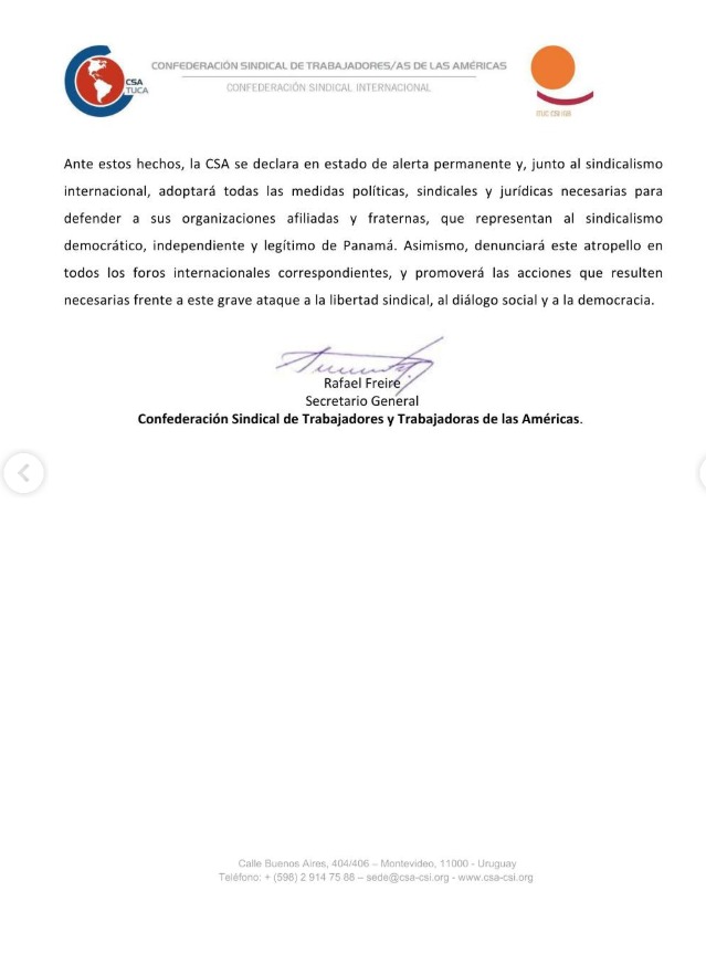 GRAVE ATENTADO CONTRA LA LIBERTAD SINDICAL EN PANAMÁ 🚨

La CSA denuncia y condena enérgicamente la retención arbitraria y posterior expulsión de Panamá de nuestro Secretario de Fortalecimiento y Organización Sindical, Marcelo Di Stefano, el 1º de febrero de 2026.

Marcelo fue