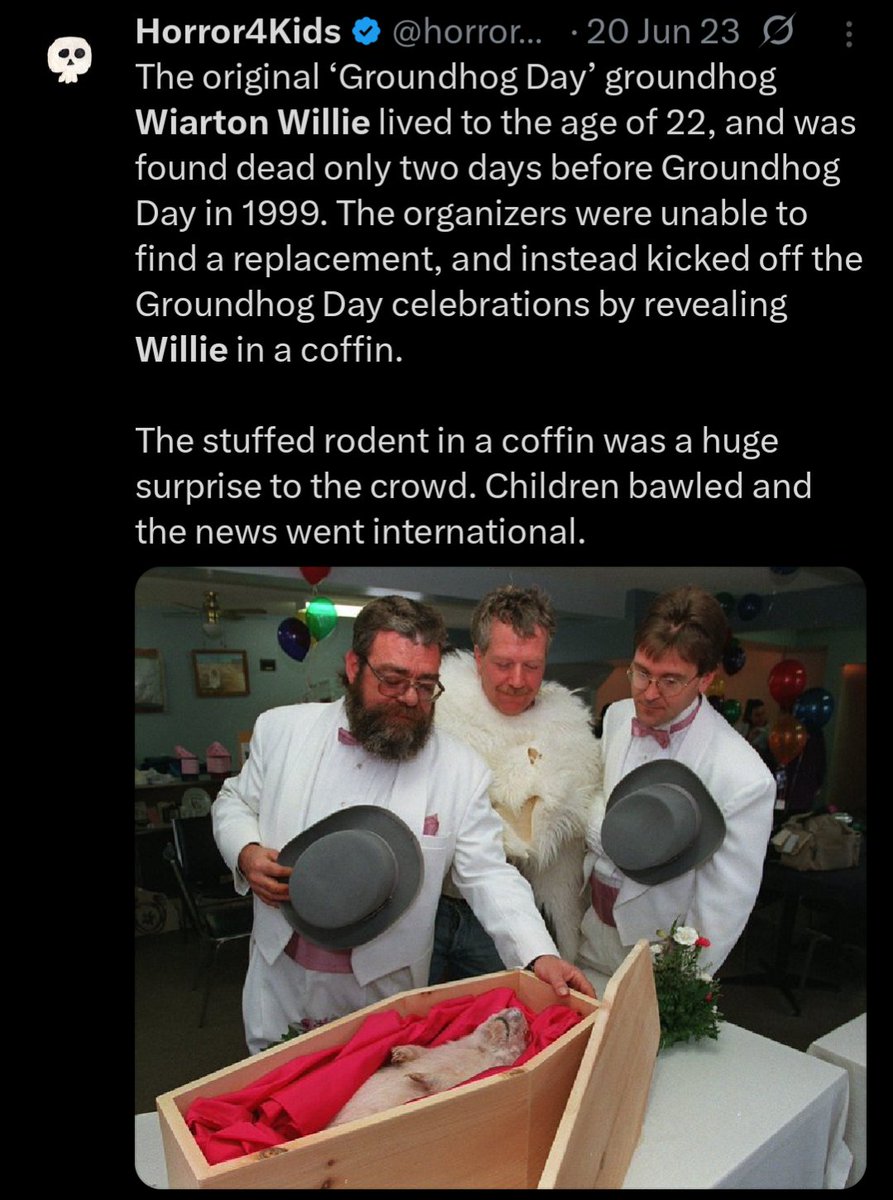 <a href="/ilygaruka/">ily</a> Canada's groundhog died a few days before February 2nd in 1999 and it was too late to replace it, so they just showed it in a coffin instead, lmao.