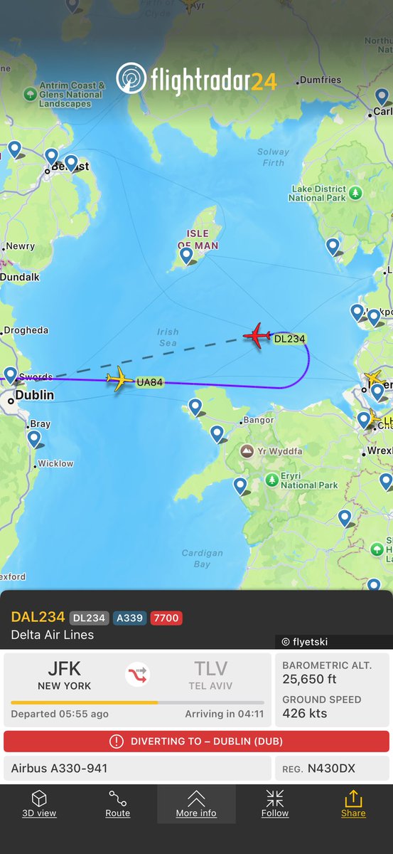 Delta just made a U-turn and will be making an emergency landing in Dublin.  #squawk7700 #delta #telaviv #dublin Flight DL234 from New York to Tel Aviv
fr24.com/DAL234/3e29dadb