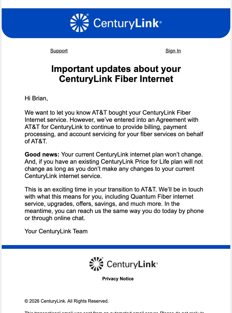 BrianKGillman's tweet image. This is HORRIBLE news that @ATT just bought my @CenturyLink Quantum Fiber Account 🤬.

Good thing @CoxComm has been laying cable so we can have an alternative. 
#att #centurylink #coxcomm #fiber #thisSUCKS.