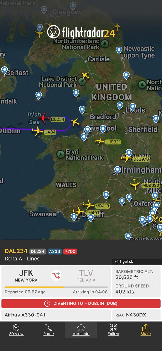 BLRAviation's tweet photo. it would be interesting to understand why ⁦@Delta⁩ 
Flight DL234 from New York to Tel Aviv is reversing course and diverting BACK to Dublin instead of proceeding on towards London Heathrow or even Manchester.

https://t.co/xKKFgYBQt6 https://t.co/wIjxizx6Lj