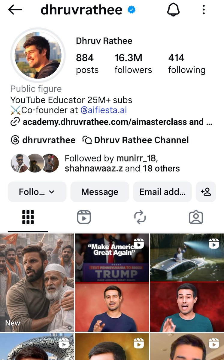 ये हे ध्रुव राठी  (Dhruv Rathee )

ध्रुव राठी भारत के एक प्रसिद्ध यूट्यूबर, सोशल मीडिया इन्फ्लुएंसर और कंटेंट क्रिएटर हैं। 

जिसका इंस्टाग्राम पर मेरे 16.3 मिलियन फॉलोअर्स हैं

वे मुख्य रूप से सामाजिक मुद्दों, राजनीति, पर्यावरण, शिक्षा और जागरूकता से जुड़े विषयों पर वीडियो बनाते
