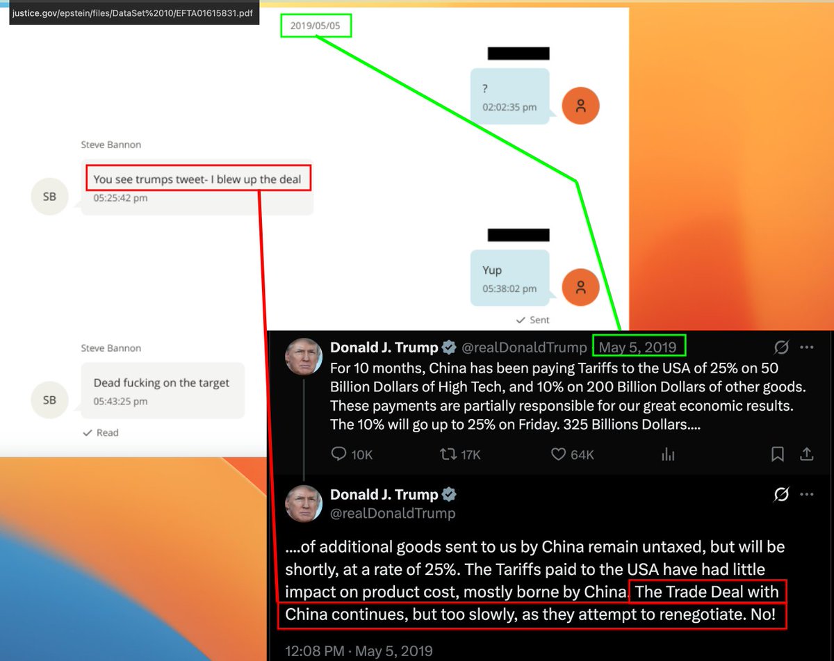 5/5/2019

Steve Bannon texts Jeffrey Epstein
Bannon takes credit for blowing up President Trump trade deal negotiations with China  

"You see trumps tweet - I blew up the deal" - Steve Bannon

"Yup" - Jeffrey Epstein

"Dead fucking on the target" - Steve Bannon
