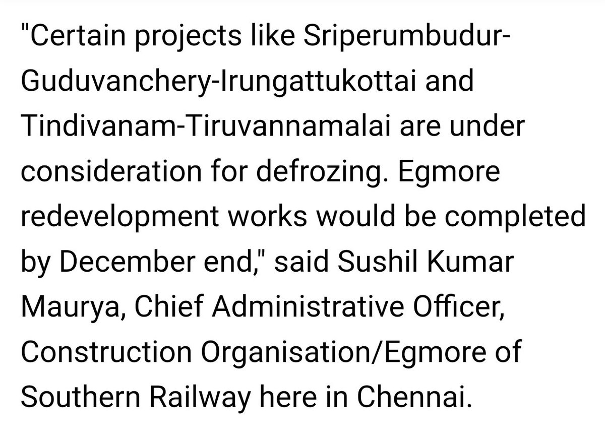 Positive News:

TN New line Projects like Tindivanam-Tiruvannamalai, Sriperumbudur-Irungaattukottai(Phase-1) have been under consideration for defrozing.

Some Articles also added the Chennai-Cuddalore New line Project via Mahabalipuram to this list.

Let's hope for the best!🙏