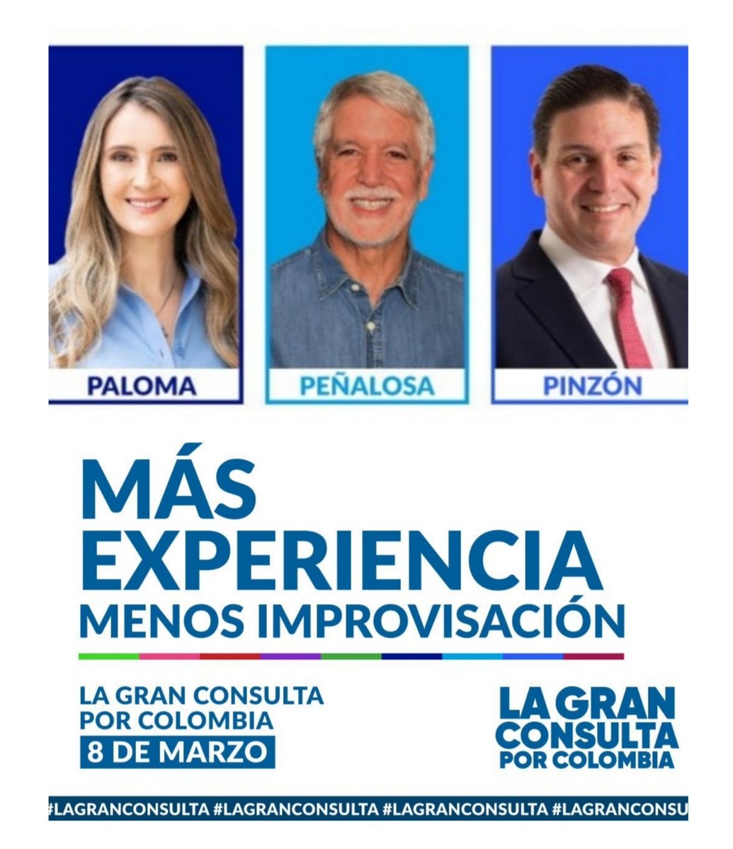 #LaGranConsulta promete dar un punto de giro a la trama trágica que continuaría con un gobierno estatista y anárquico de Cepeda, o con el salto al vacío que representa DeLaEspriella.

Paloma, Pinzón o Peñalosa son grandes opciones reales para cambiar el rumbo. #GranConsultaMarzo8