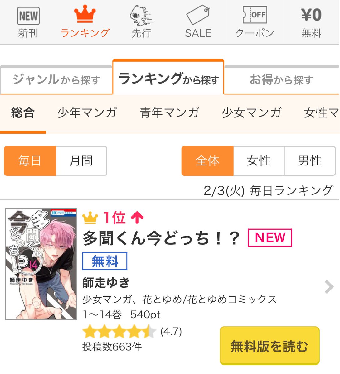 ㊗総合1位！】 コミックシーモア様にて『#多聞くん今どっち!?』が総合