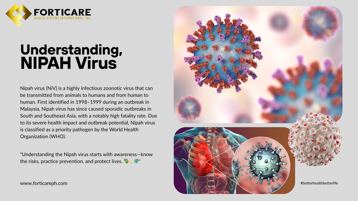 forticareph's tweet photo. The Nipah virus (NiV) is a rare but serious viral disease that can affect both humans and animals. Raising awareness is important to help prevent transmission and protect public health. #betterhealthbetterlife https://t.co/cFRFzQU4UN