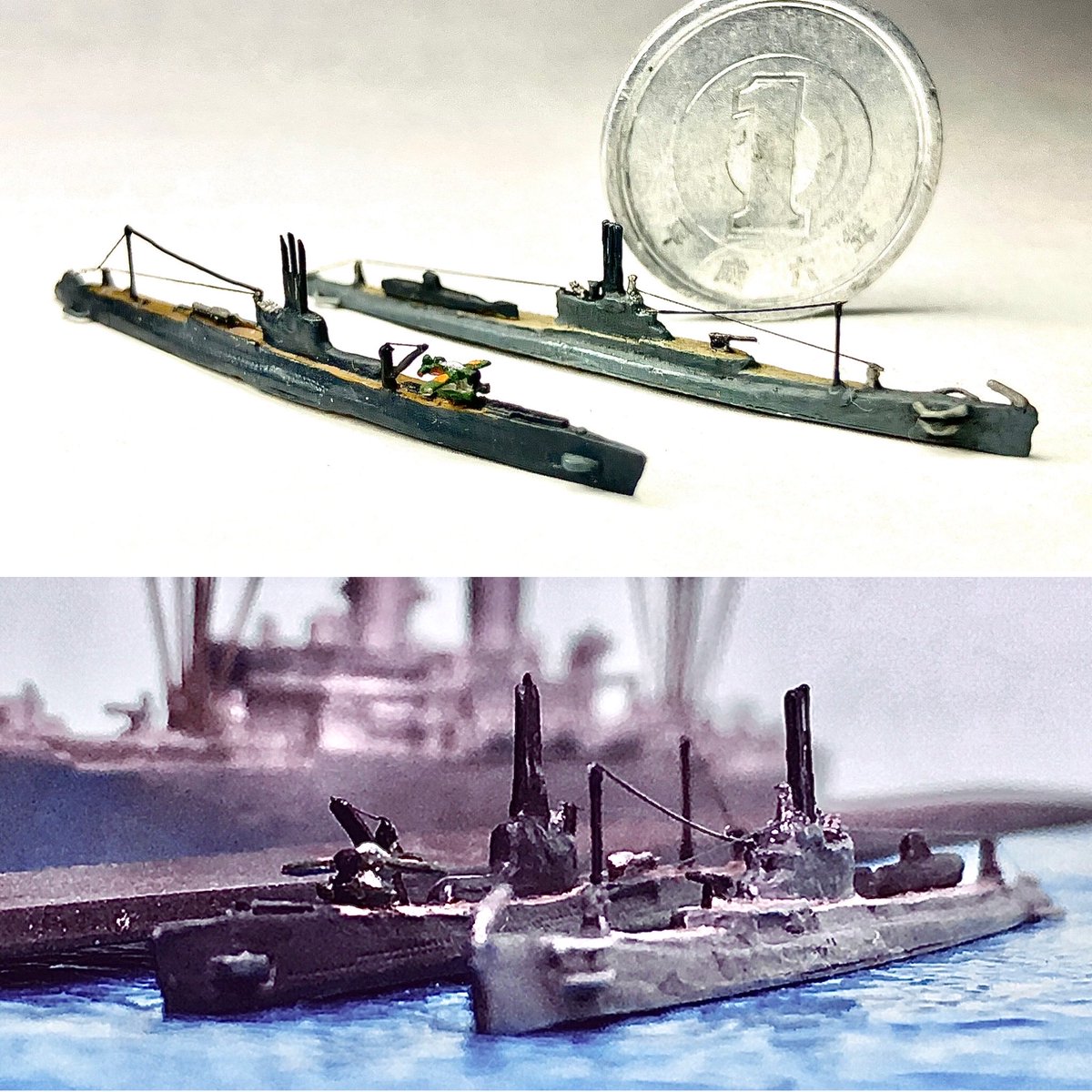 Micromodeler's tweet photo. １／2400   日本海軍　潜水艦　イ-15. 16

イ-15(GHQ). イ-16(バイキング)製。
初めて張り線に挑戦した頃の作品です。
1番張り線の少ない潜水艦から始めました。 https://t.co/mvi4Tn87n5
