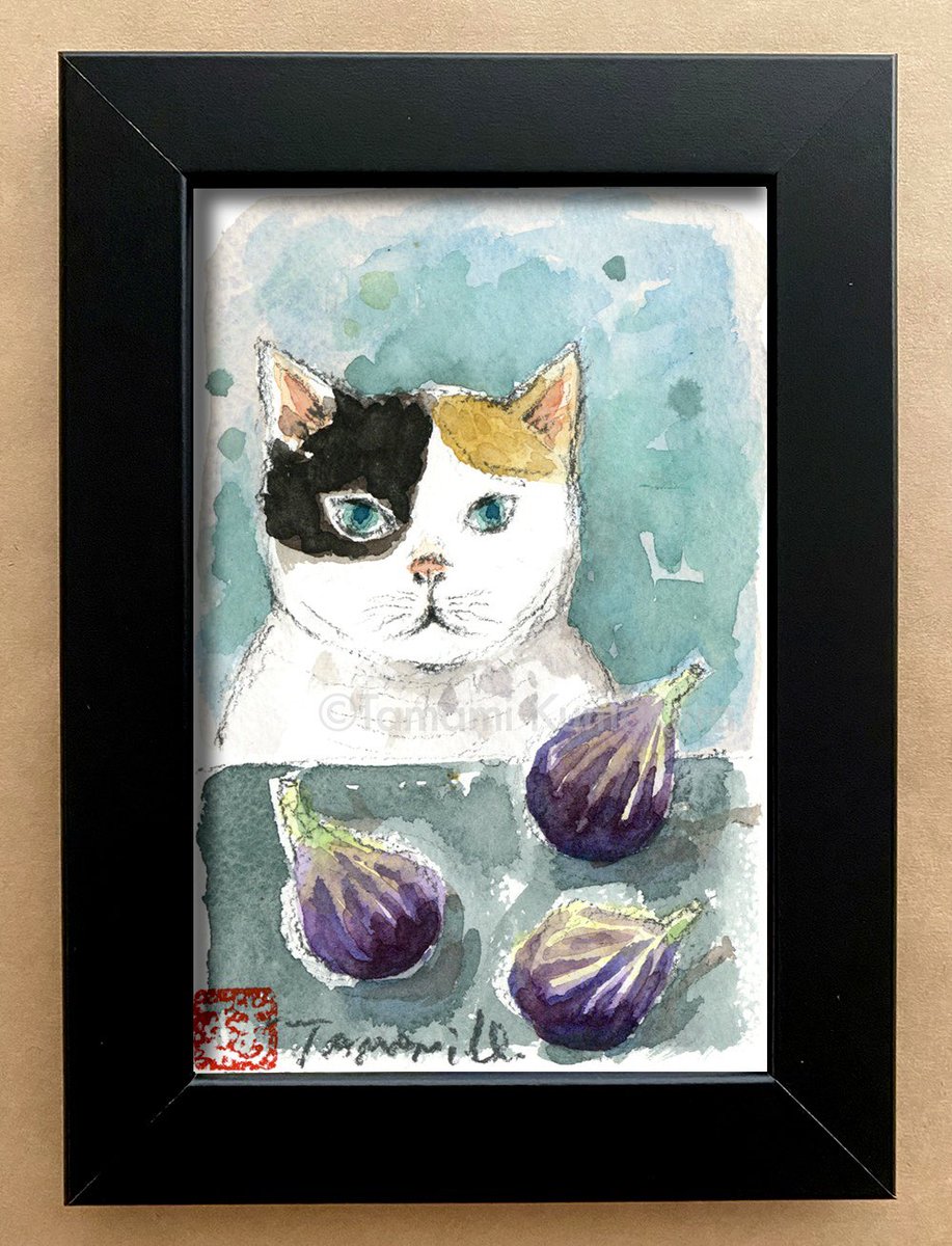 ポストカードサイズ原画 三毛猫と3つにいちじく A calico and three