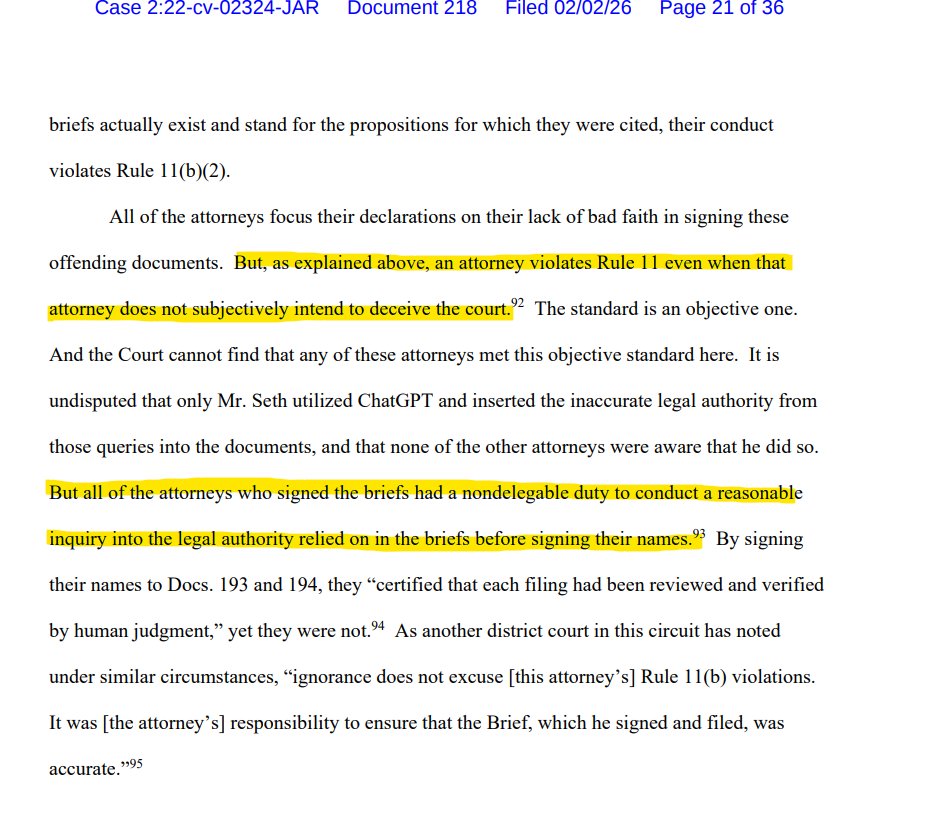 RobertFreundLaw's tweet image. Lawyer uses ChatGPT to help write a brief, ChatGPT hallucinates cases and quotations.

Court sanctions lawyer and 4 co-counsel (for not catching the errors).

The lawyer who used ChatGPT "has practiced for over thirty years."

He prompted ChatGPT: "write an order that denies the…