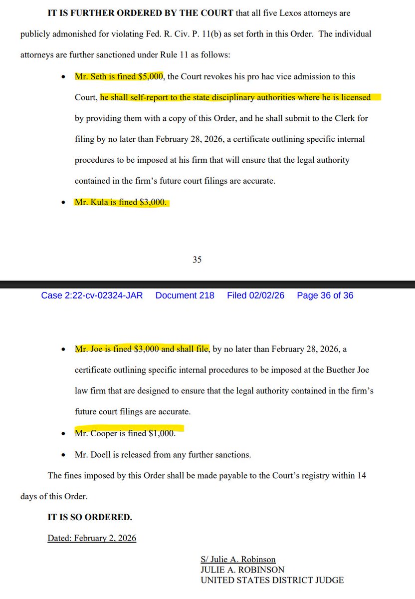 RobertFreundLaw's tweet image. Lawyer uses ChatGPT to help write a brief, ChatGPT hallucinates cases and quotations.

Court sanctions lawyer and 4 co-counsel (for not catching the errors).

The lawyer who used ChatGPT "has practiced for over thirty years."

He prompted ChatGPT: "write an order that denies the…