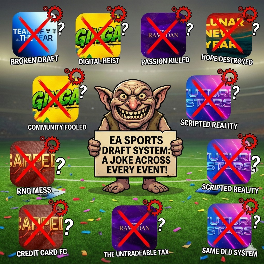 EA SPORTS™ — IT’S IN THE WALLET 💳

Gameplay is optional
Spending is not.

Every event
Every time
Same draft, Same disappointment.

Skill isn’t in the gameplay anymore
It’s in the wallet.

You’re not outplayed 
                        — you’re out-rolled. 🎲