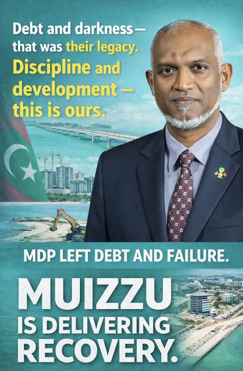 Kalhukoe's tweet photo. MDP buried this country in debt hoping the crisis wud crush @MMuizzu Govt. It didn’t

Instead, the lights came back on. Projects started. Land reclamation, housing, n infrastructure r moving in every corner of the country

They created the mess.
Muizzu is delivering the recovery https://t.co/6hJoyTGK29