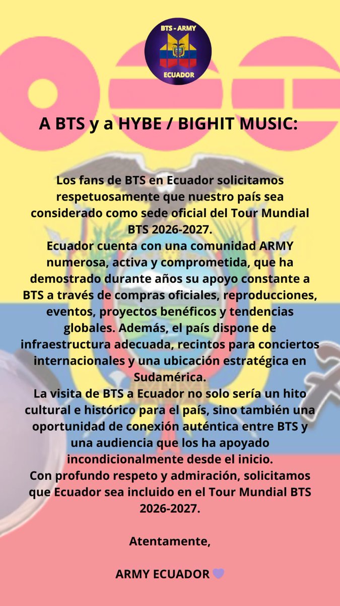 Cobos3Anais's tweet photo. #ArmyEcuador
#ArmyEc
.
#BTSenEcuador
#BTSinEcuador
#BTSWORLDTOURECUADOR
#BTS_WORLDTOUR_ARIRANG_ECUADOR https://t.co/0ETqrDnk1V