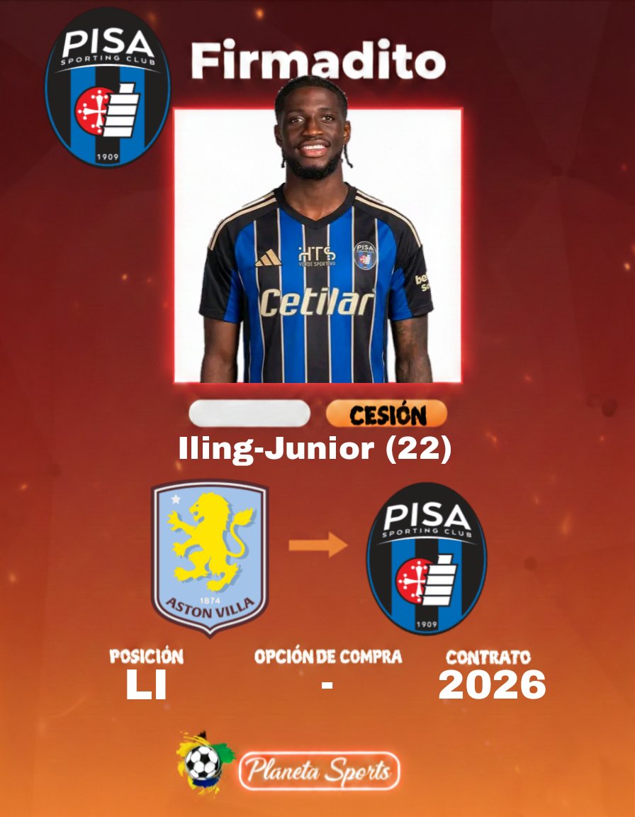 planeta_sportsh's tweet photo. ¡Firmadito! ✍️
Samuel Iling-Junior al Pisa, el inglés regresa a Italia tras cancelar su préstamo en el West Bromwich Albion. 🏴🇮🇹
🤝 Operación: Cesión simple (sin opción de compra).
🗓️ Duración: 6 meses
📍 Estado: HECHO✔️
#Pisa #AstonVilla #IlingJr #DeadlineDay https://t.co/Wb5c7e7xbd