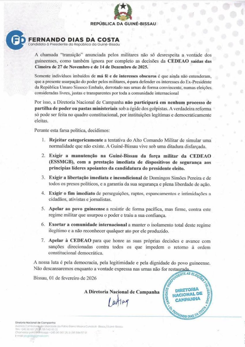 Guinée-Bissau : Le président élu Fernando Dias da Costa rejette catégoriquement toute « transition » militaire et refuse toute participation à un processus illégitime. Seule la volonté populaire et l'ordre constitutionnel doivent prévaloir. #GuinéeBissau #CEDEAO #Démocratie