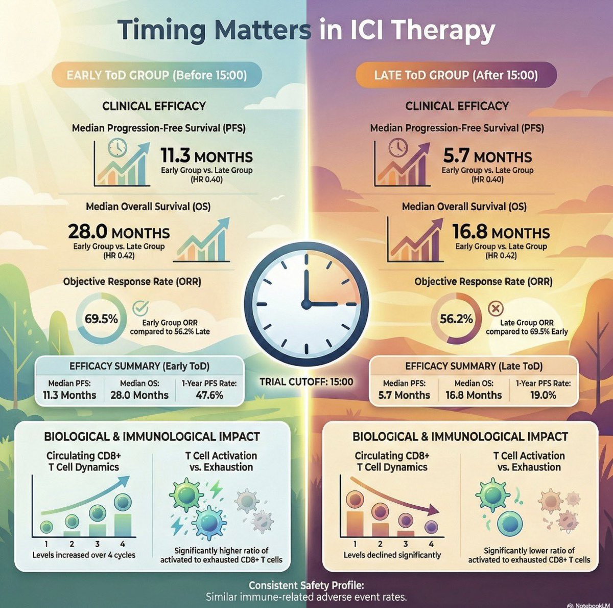 【🌞 Timing Matters in ICI Therapy🌛】

⏰Immunotherapy before 3 PM doubles PFS in NSCLC patients
🇨🇳Phase Ⅲ Lung TIME-C01 Trial

📚Nat Med 2026
nature.com/articles/s4159…

🔑Key Results
📈 Morning/Early afternoon ICI infusions (<3 PM) doubled median PFS (5.7 to 11.3 mos)
📊 OS